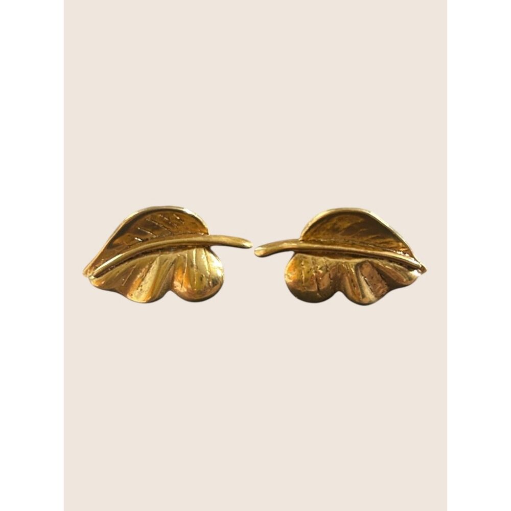 🍁 VTG FALL AUTUMN LEAF GOLD TONE TEXTURED BOTANICAL PIERCED STUD EARRINGS